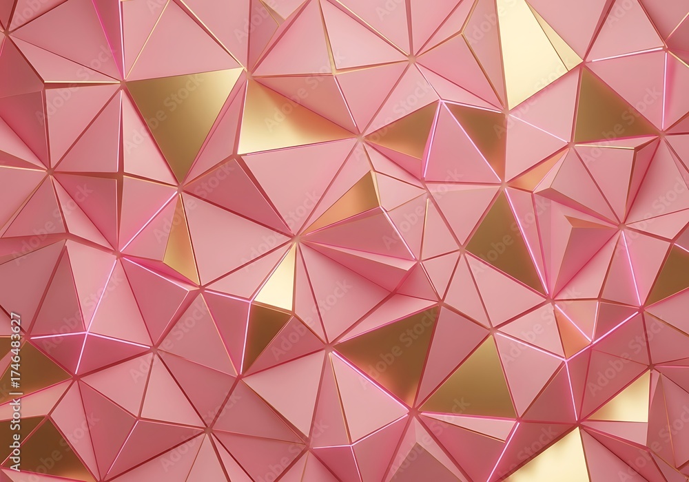 Fototapeta premium Pink and Gold 3D Geometric Abstract Pattern with Luxury Metallic Faceted Surface for Modern Elegant Background Design 