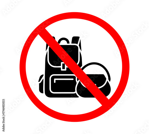 No bag allowed sign. Prohibited backpack and handbag symbol with red circle and slash. Forbidden luggage entry warning icon for security area, concert, airport, or exam room. 