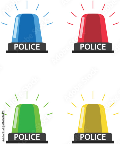 Four police sirens, each a different color: blue, red, green, and yellow, with the word "POLICE" on the base.