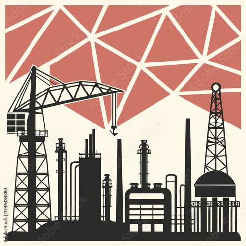 Vector art of industrial factory with crane and geometric background