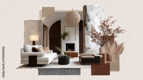 Interior design mood board sketches showcase a modern living space with neutral tones and natural elements in a cozy setting