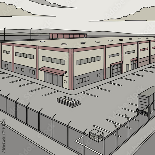 Vector art of large distribution center with parking lot and fence