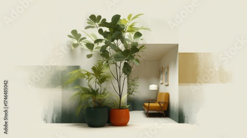 Interior design mood board sketches featuring lush plants and cozy seating in a modern living space