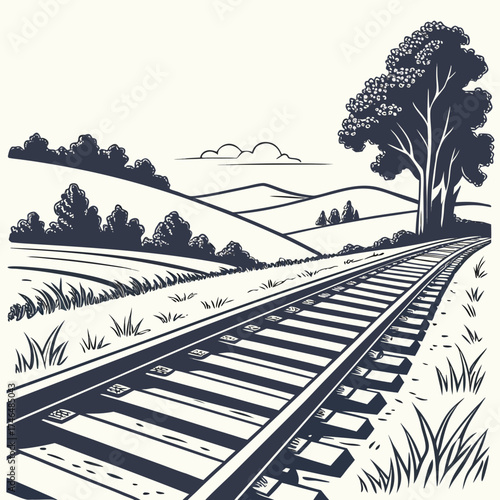 Vector art of railroad tracks curving through a rural landscape