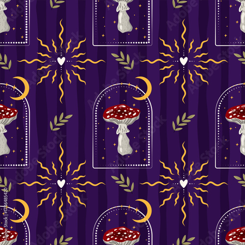 Seamless vector pattern with mystical fly agaric mushrooms, autumn leaves, ferns, cosmic elements, moon, stars. Ideal for textiles, wallpapers, fabrics, and wrapping paper with a rustic cottagecore