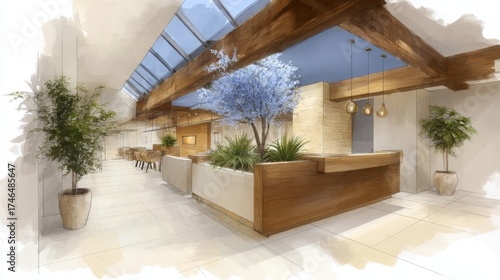 Sketching of a sustainable interior space with natural elements and minimalistic design featuring wood accents and greenery
