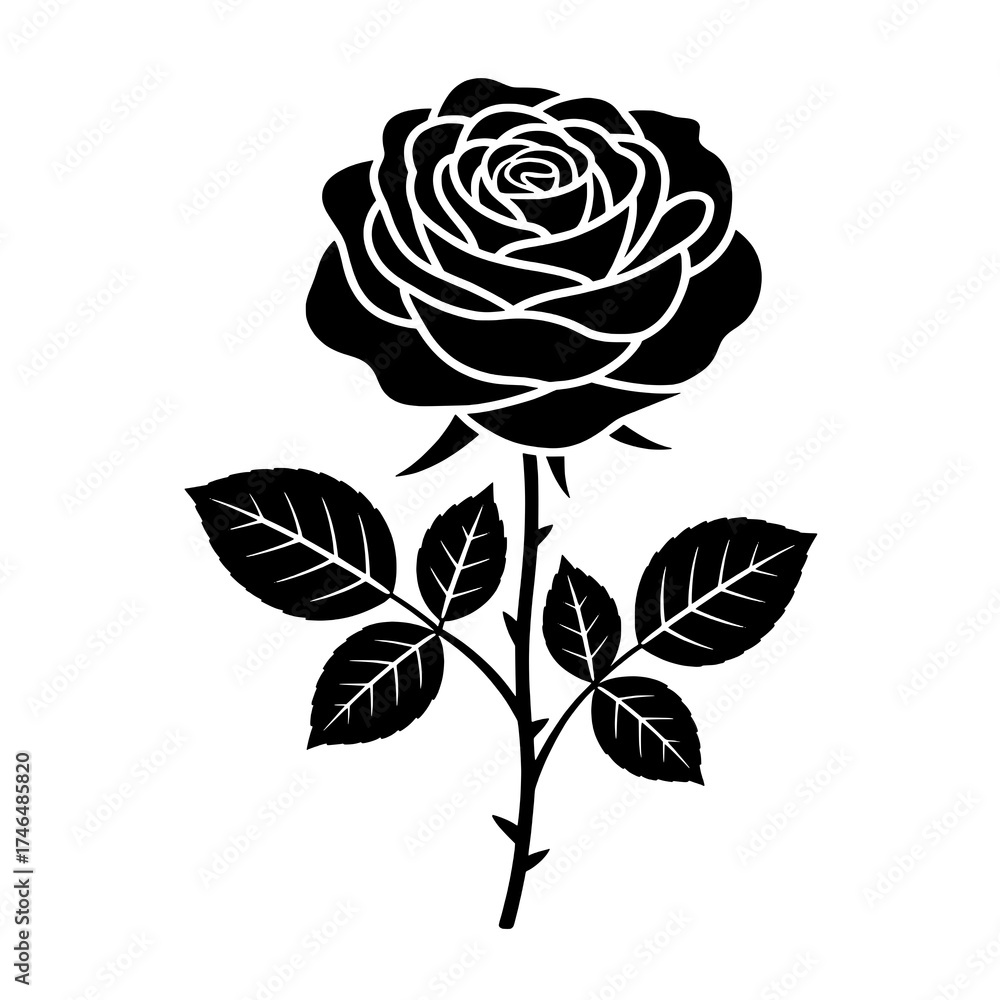 Obraz premium Minimalist Black Rose Silhouette with Detailed White Petal and Vein Outlines on Pure White Background