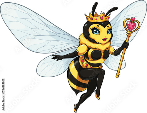 Cartoon queen bee with crown and magic wand, cute insect mascot, flying bee character, fantasy fairy design, beautiful wings, royalty, illustration for kids