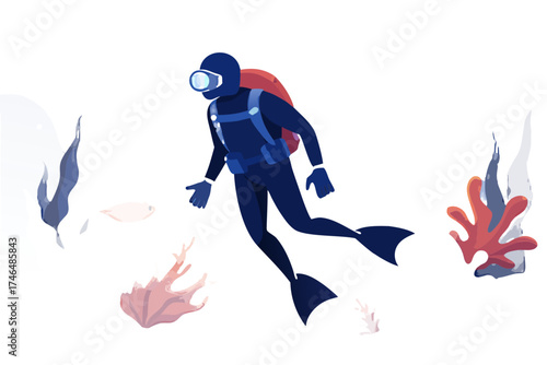 Vector illustration of a full-body scuba diver silhouette exploring the deep blue sea with full diving equipment, symbolizing adventure, exploration, and marine life