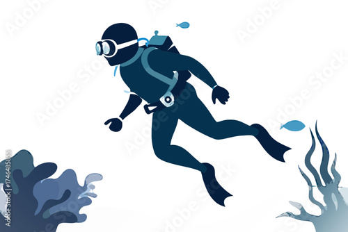 Vector illustration of a full-body scuba diver silhouette exploring the deep blue sea with full diving equipment, symbolizing adventure, exploration, and marine life