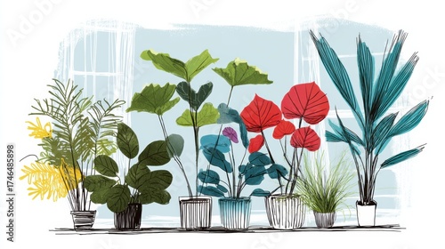 Indoor plants in decorative pots arranged on a shelf with natural light filtering through the window in a cozy interior space