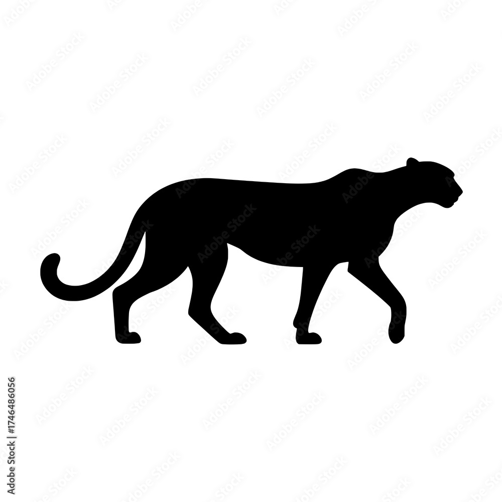 Obraz premium Solid Black Silhouette of a Walking Panther in Profile on White Background