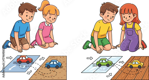 Children experiment with toy cars, friction surfaces, motion science, classroom activity, educational concept, physics learning, texture impact, STEM exploration, kids testing