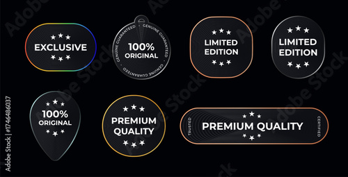Exclusive Premium Quality And Limited Edition Labels Collection With Modern Neon Outlined Badges For Original Certified Products. Black Friday Cyber Monday Promotional Logos. Vector Illustration