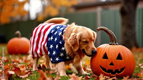 Golden retriever wearing American flag cape joyfully interacts with a carved pumpkin in a vibrant autumn setting, showcasing playful spirit and seasonal charm