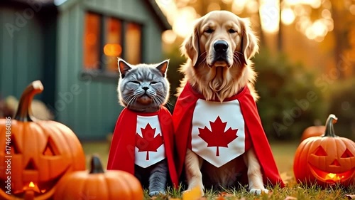 Golden retriever and gray cat in red capes pose among carved pumpkins, showcasing playful spirit and autumn ambiance in a vibrant outdoor setting with warm colors