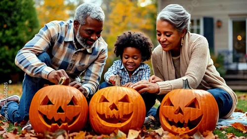 Family trio joyfully carving pumpkins together outdoors, showcasing creativity and teamwork, surrounded by autumn leaves and seasonal decorations, capturing festive spirit