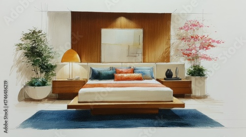 Hand drawn concepts for a modern bedroom interior featuring elegant furnishings and calming color palettes