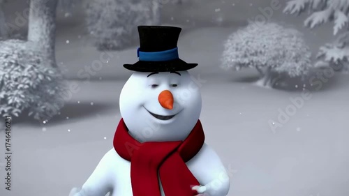 Animated snowman character in a snowy landscape, joyfully expressing happiness while wearing a black hat and red scarf, showcasing a delightful winter scene with snowflakes falling