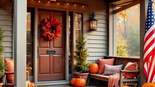 Cozy autumn porch scene featuring pumpkins, vibrant foliage, and a welcoming door adorned with a wreath, showcasing seasonal charm and inviting atmosphere with copy space