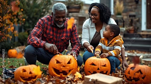 Family engaged in joyful pumpkin carving activity outdoors, showcasing creativity and togetherness, with vibrant autumn leaves and carved pumpkins enhancing the festive atmosphere