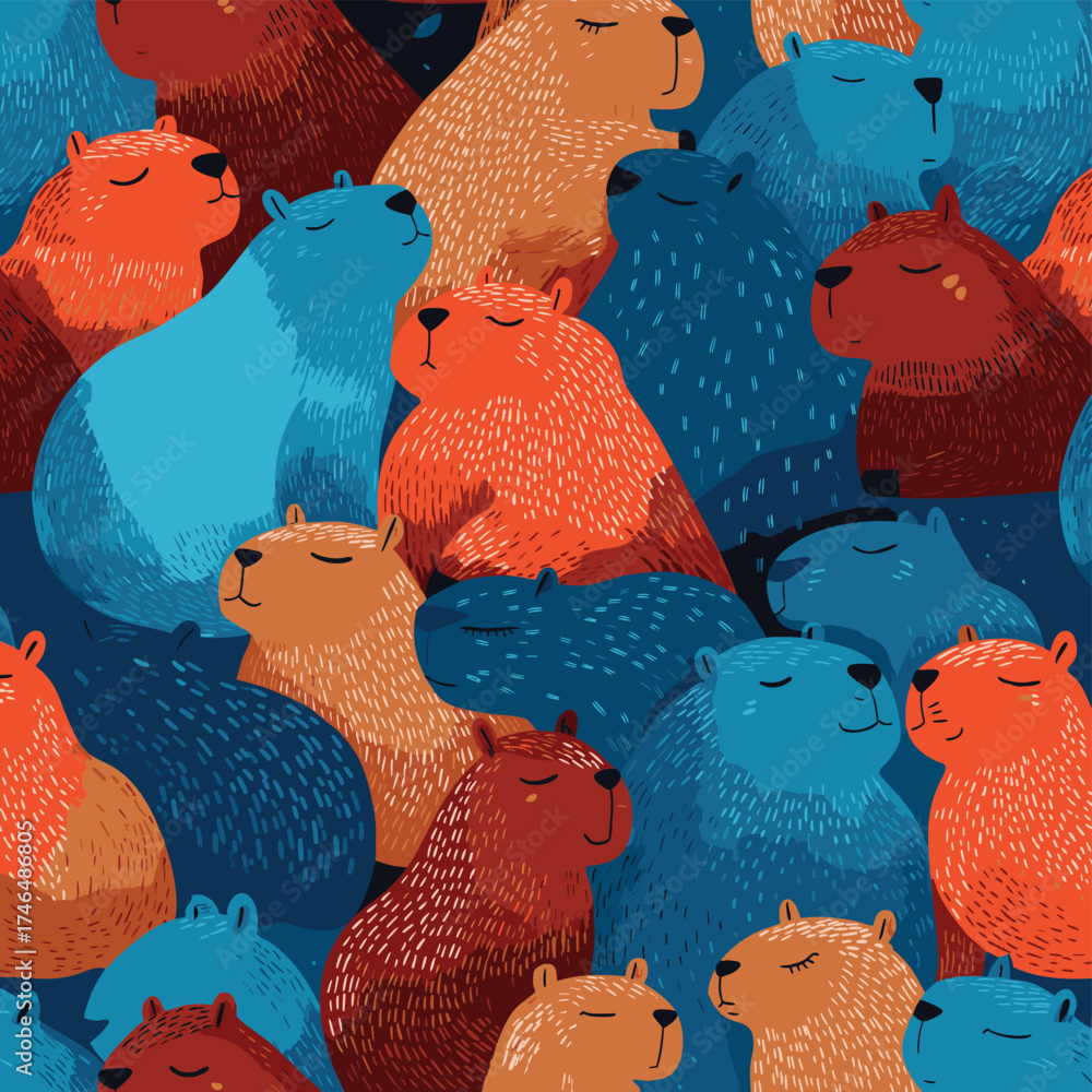 Fototapeta premium Repeatable pattern of capibaras relaxing, lying, sitting. Endless background of cute capybaras sleep, cuddle, have a rest with baby together. Adorable happy animals. Flat seamless vector illustration