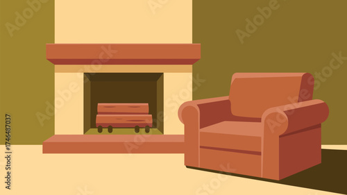 A cozy room with a fireplace and a comfortable armchair in a simple cartoon vector illustration