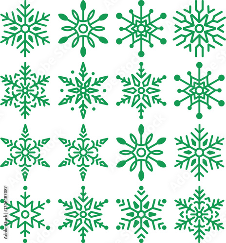 Sixteen various intricate green snowflake outlines arranged neatly on a white background, with transparent background