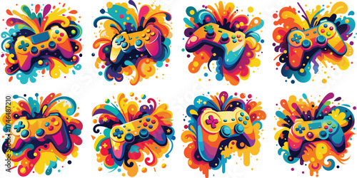 Vibrant video game controller with colorful abstract paint splatters