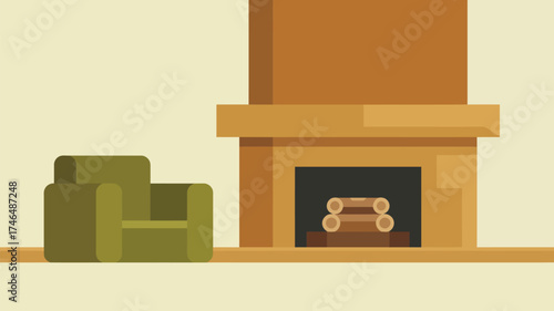 Illustration of a green armchair next to a fireplace with logs on a cream colored background