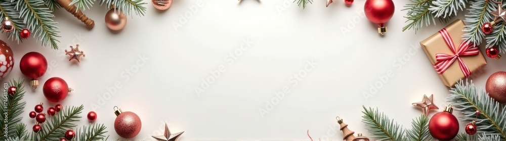 Obraz premium Christmas decorations and gifts arranged in a square frame on a white background