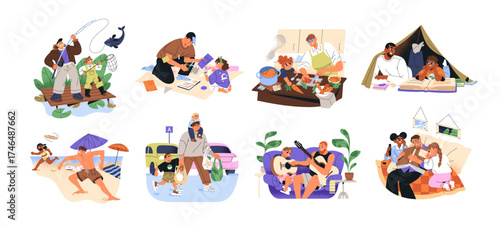 Fathers with kids set. Dads play, have fun with children. Happy families spend time together. Daddies are reading, fishing, cooking with sons and daughters. Flat isolated vector illustrations on white