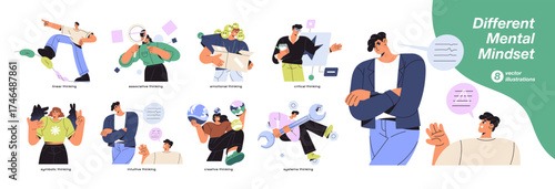 People with different mental mindsets set. Various thinking types: associative, critical, intuitive, creative. Concept of MBTI, psychological personality. Flat isolated vector illustrations on white.
