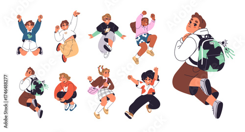 Happy children jumping for joy set. Cute kids have fun, leap in air and hands up. Little girls and boys rejoice in success, celebrate winning. Flat isolated vector illustrations on white background.