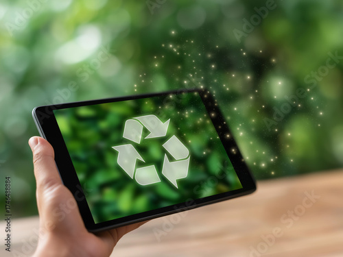 hand holding a tablet with an eco-friendly recycling symbol on the screen
