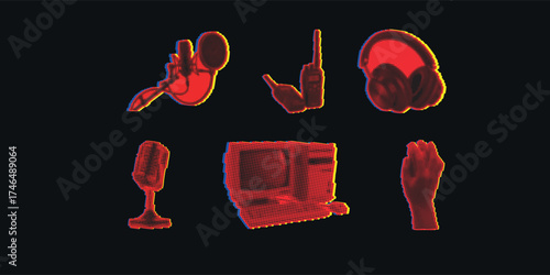 Halftone Vector Set of Communication Tools Microphone, Walkie Talkie, and Computer Equipment