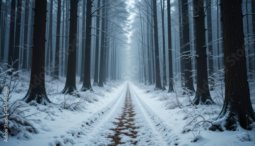  A mystical forest path covered in snow, surrounded by tall silent trees