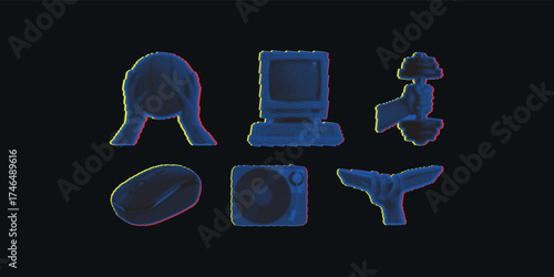 Halftone Tech Gadgets Collection Computer Mouse Keyboard Monitor Joystick Speaker Console