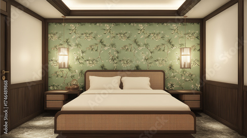 Luxurious bedroom interior with a green floral accent wall, wooden furniture, and warm lighting.