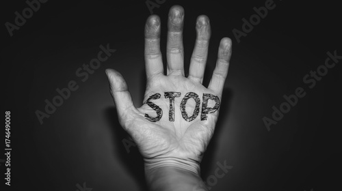 Black and white image of a raised hand with the word “STOP” written on the palm.