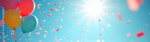 Balloons and confetti are flying in the air on a sunny day