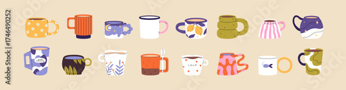 Set of cute designs of mugs. Ceramic cups for tea and coffee with different shape and patterns. Various pottery teacups for hot drinks and beverages. Cozy tableware. Flat isolated vector illustrations