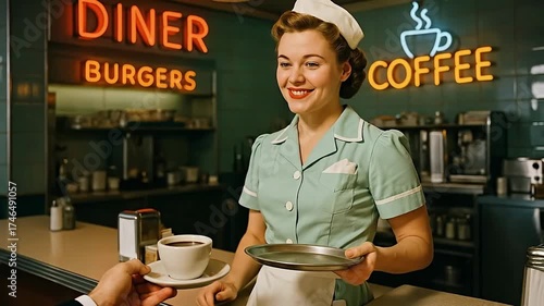 Smiling Waitress in Retro 1950s Diner Uniform Serving a Hot Cup of Coffee with Iconic Neon Signs in the Background