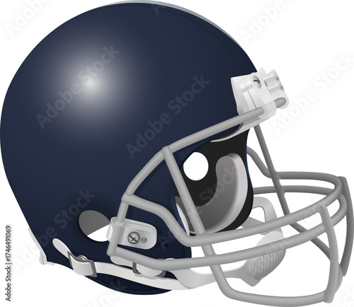 Navy blue American football helmet with a metallic silver facemask