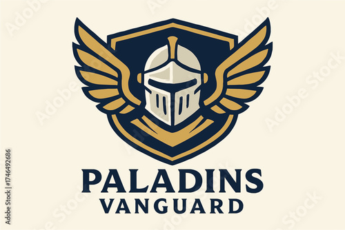 A stylized logo features a knight's helmet within a shield with wings, representing Paladins Vanguard, a symbol of strength and protection against a light beige background.