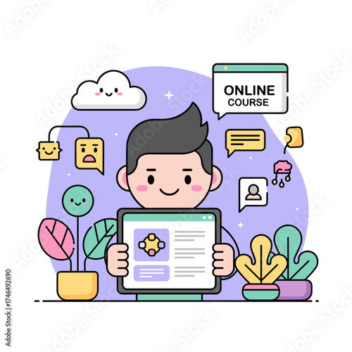 A cheerful cartoon character holds a tablet displaying an online course interface, surrounded by digital elements like speech bubbles and cloud icons, illustrating e-learning concepts.