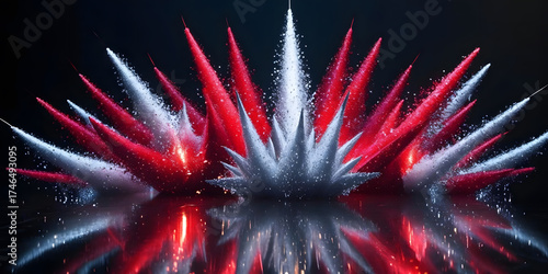 A black background is adorned with dynamic bursts of red