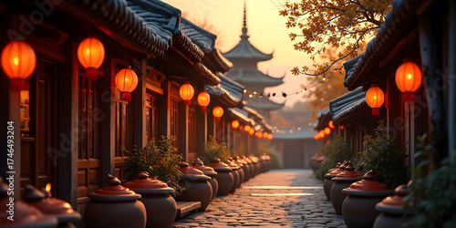 a serene evening scene in a historic, narrow street in a South Asian city. The foreground features a row of clay oil lamps with flickering flames