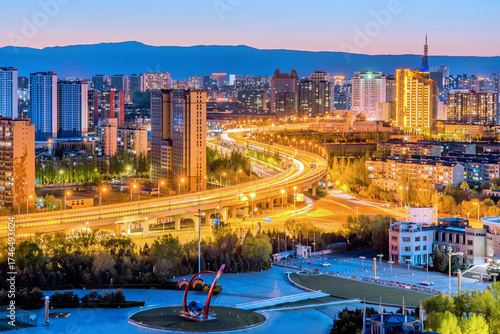 Night view of urban skyline in Jinqiao Development Zone, Hohhot, Inner Mongolia, China