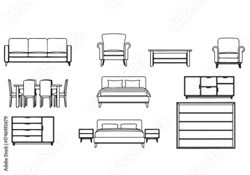 Furniture Line Art Collection – Living Room, Bedroom, and Kitchen Vector Icons